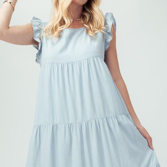 Casual Sleeveless Denim Maxi Dress - Babydoll Ruffle Long Dress - Picture 3 of 6